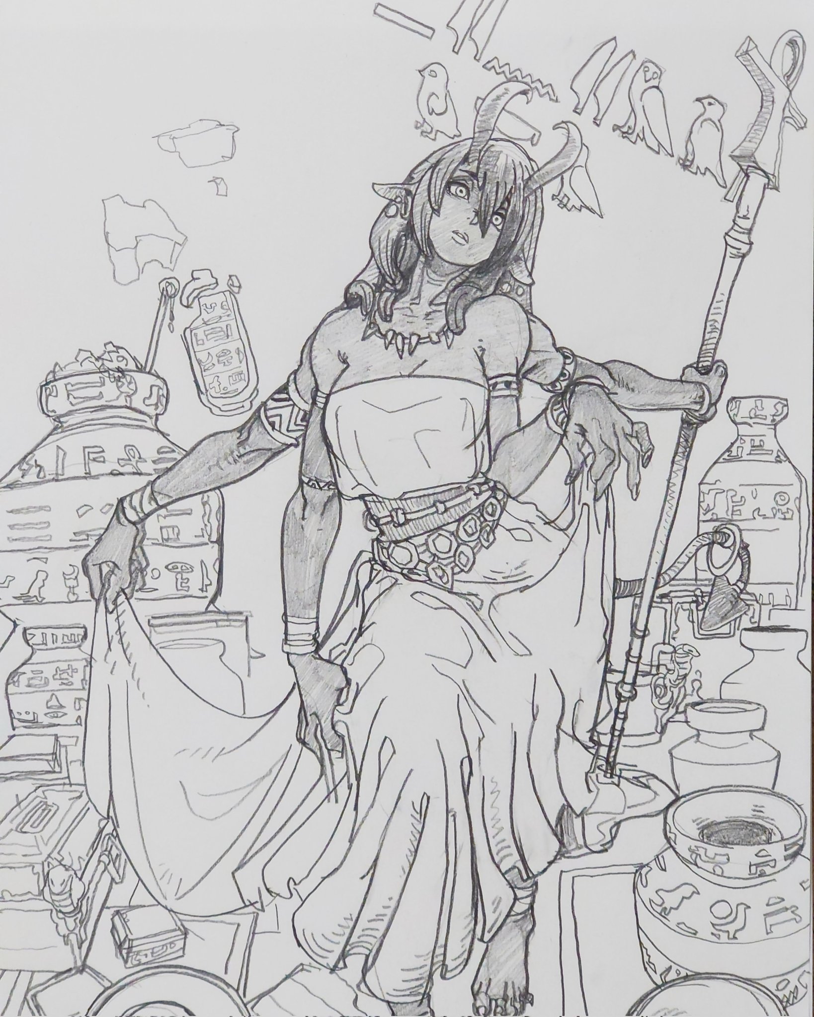 1girl animal_ears anklet armlet bangle bare_shoulders barefoot belt bracelet breasts cleavage commentary_request dark-skinned_female dark_skin demon_tail dress earrings expressionless extra_arms gazelle_ears gazelle_horns graphite_(medium) greyscale hair_between_eyes head_back hieroglyphics highres holding holding_staff hoop_earrings jar jewelry large_breasts lipgloss long_dress long_hair looking_at_viewer monochrome necklace okinawanogori original parted_lips raised_eyebrows sitting skirt_hold solo sphere_earrings staff tail toned tooth_necklace traditional_media