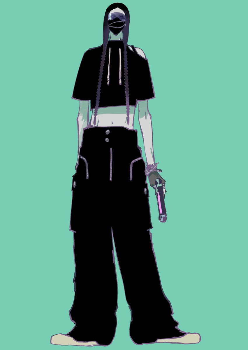 1boy as_nodt baggy_pants black_hair black_pants bleach bleach:_sennen_kessen-hen braid drawstring fingerless_gloves full_body gloves grey-tinted_eyewear highres holding holding_vial kubo_tite long_hair looking_at_viewer male_focus mask midriff mouth_mask navel official_alternate_costume official_art pants shirt single_bare_shoulder solo tinted_eyewear twin_braids vial zipper