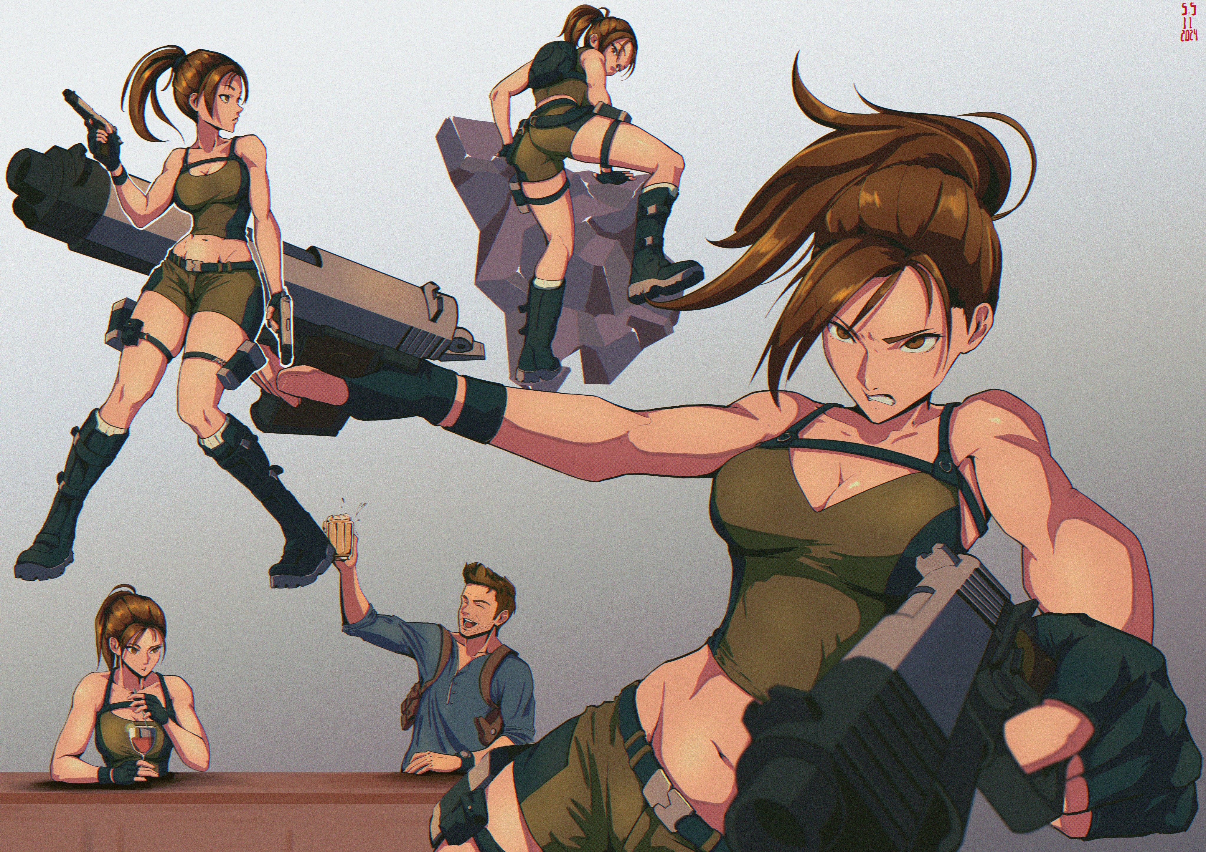 1boy 1girl absurdres beer_mug boots breasts brown_eyes brown_hair camisole cleavage clenched_teeth climbing closed_eyes commentary crossover cup dual_wielding green_camisole gun handgun highres holding holding_cup holding_gun holding_weapon holster kneehighs lara_croft medium_breasts midriff mug nathan_drake navel open_mouth pouch santiagodraws short_shorts shorts shoulder_holster signature smile socks teeth thigh_pouch tomb_raider uncharted weapon