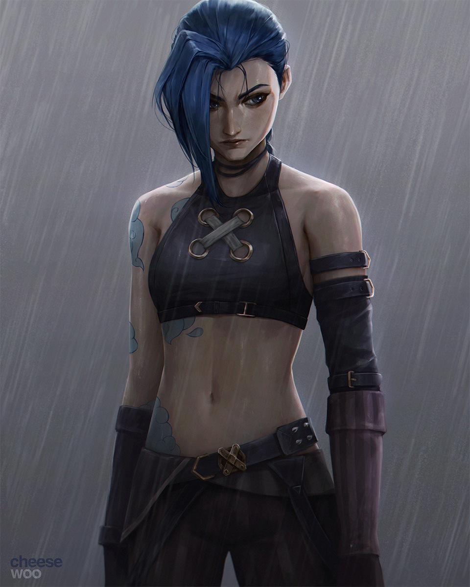1girl arcane:_league_of_legends arcane_jinx arm_tattoo artist_name bare_shoulders belt black_pants blue_eyes blue_hair breasts cheesewoo closed_mouth cloud_tattoo detached_sleeves gloves grey_background highres jinx_(league_of_legends) league_of_legends long_hair navel pants rain shiny_skin shoulder_tattoo small_breasts solo stomach stomach_tattoo tattoo