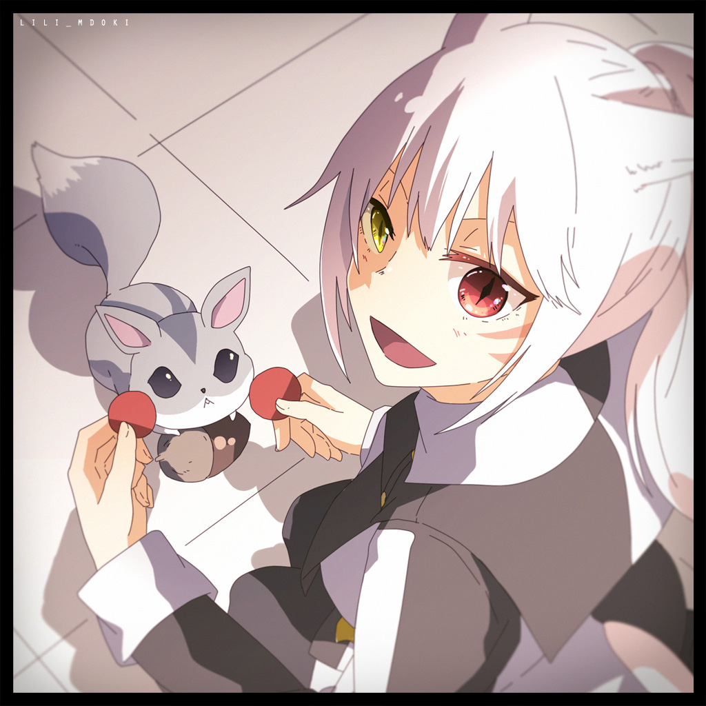 10s 1girl acorn animal_ears artist_name border cat_ears eyebrows facial_mark female_focus final_fantasy final_fantasy_xiv from_above heterochromia lili_mdoki looking_at_viewer looking_back looking_up miqo&#039;te nutkin open_mouth pink_hair ponytail red_eyes shadow smile solo squatting squirrel warrior_of_light_(ff14) yellow_eyes