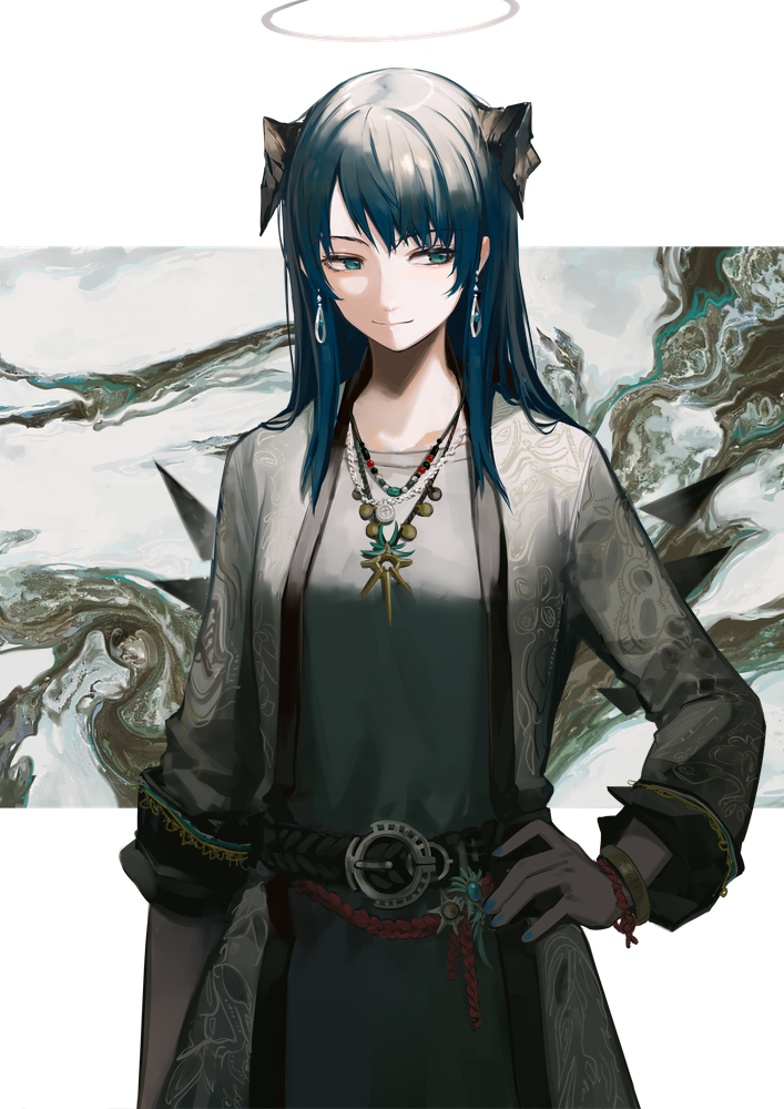 1girl abstract_background alternate_costume arknights belt belt_buckle blue_eyes blue_hair border buckle coat commentary demon_horns dress earrings grey_background grey_dress halo hand_on_own_hip horns huanxiang_heitu jewelry long_hair looking_to_the_side mostima_(arknights) muted_color necklace open_clothes open_coat sidelocks smile solo symbol-only_commentary upper_body white_coat