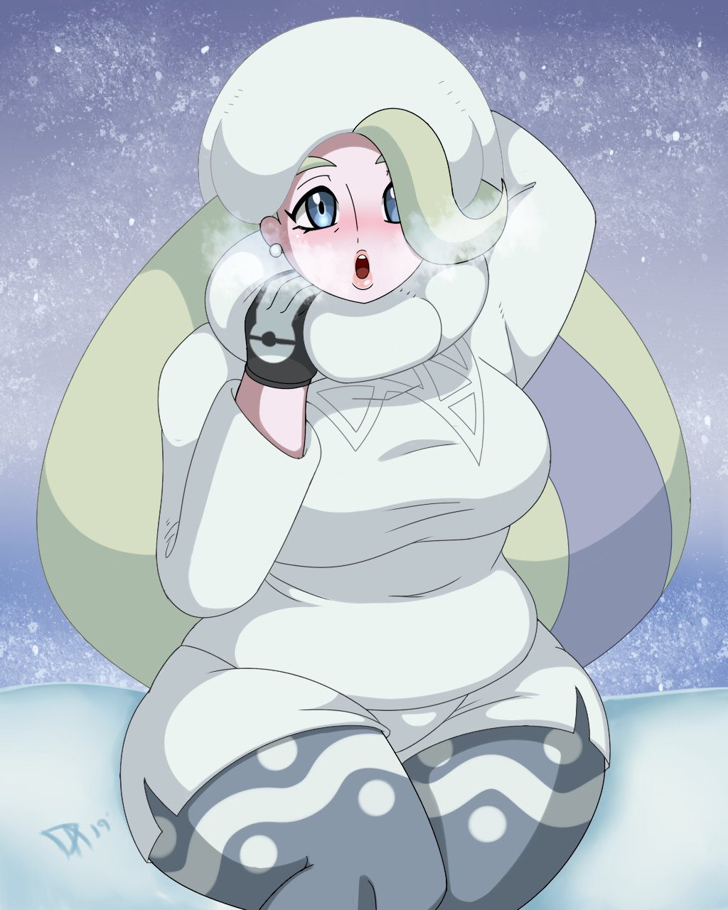 1girl arm_behind_head blonde_hair blue_eyes blush breasts breath commentary dalley-the-alpha earrings english_commentary fur_collar fur_hat gloves hand_up hat highres jewelry large_breasts long_hair long_sleeves mature_female melony_(pokemon) multicolored_hair nintendo nose_blush open_mouth pantyhose pantyhose_under_shorts pearl_earrings pokemon pokemon_swsh shorts side_slit side_slit_shorts single_glove sitting snow solo streaked_hair sweater thighs ushanka white_sweater