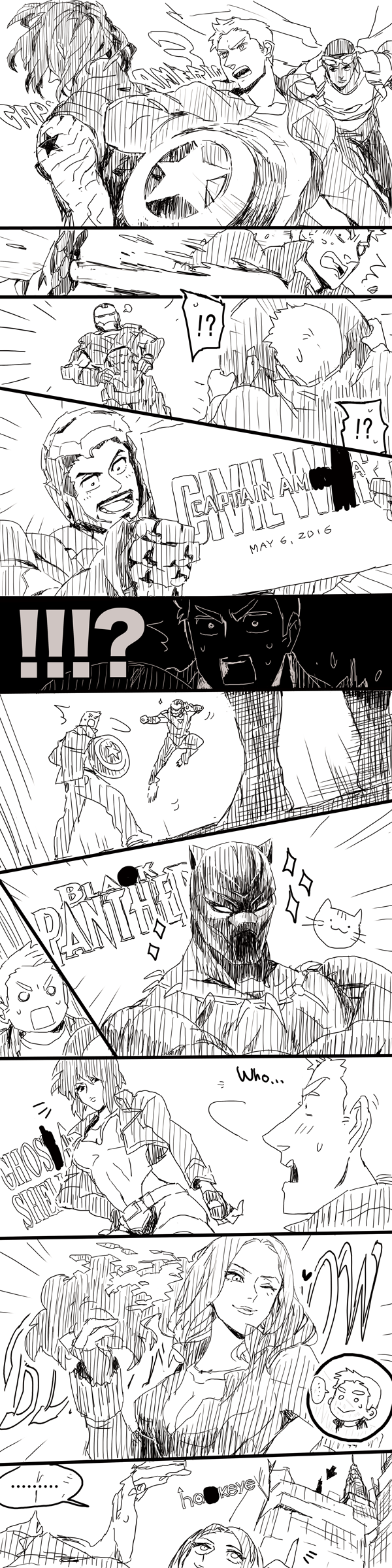 0109_(artist) 2girls 4boys absurdres actor_connection animification avengers_(series) bad_id bad_pixiv_id black_panther_(marvel) black_widow breasts captain_america captain_america:_civil_war captain_america_(series) captain_america_civil_war cat censored clint_barton comic fake_censor ghost_in_the_shell ghost_in_the_shell:_stand_alone_complex greyscale hawkeye_(marvel) highres iron_man bucky_barnes kusanagi_motoko long_image marvel marvel_cinematic_universe monochrome multiple_boys multiple_girls natasha_romanoff parody sam_wilson scarlett_johannson shield sign sparkle spoilers steve_rogers superhero_costume tall_image the_falcon tony_stark wings winter_soldier