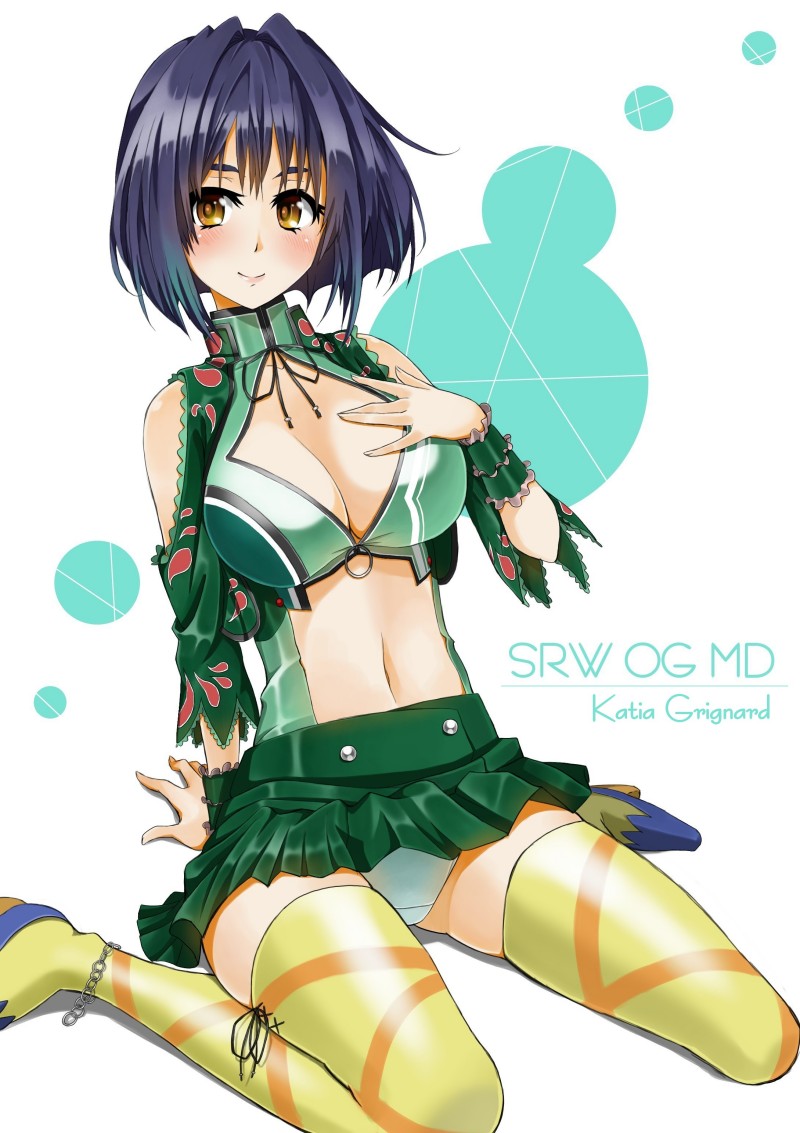 1girl azarashing_day bad_id bad_pixiv_id black_hair breasts cleavage female_focus katia_grineal large_breasts navel panties sitting solo super_robot_wars super_robot_wars_judgement super_robot_wars_og_moon_dwellers super_robot_wars_original_generation thighhighs underwear wariza yellow_eyes