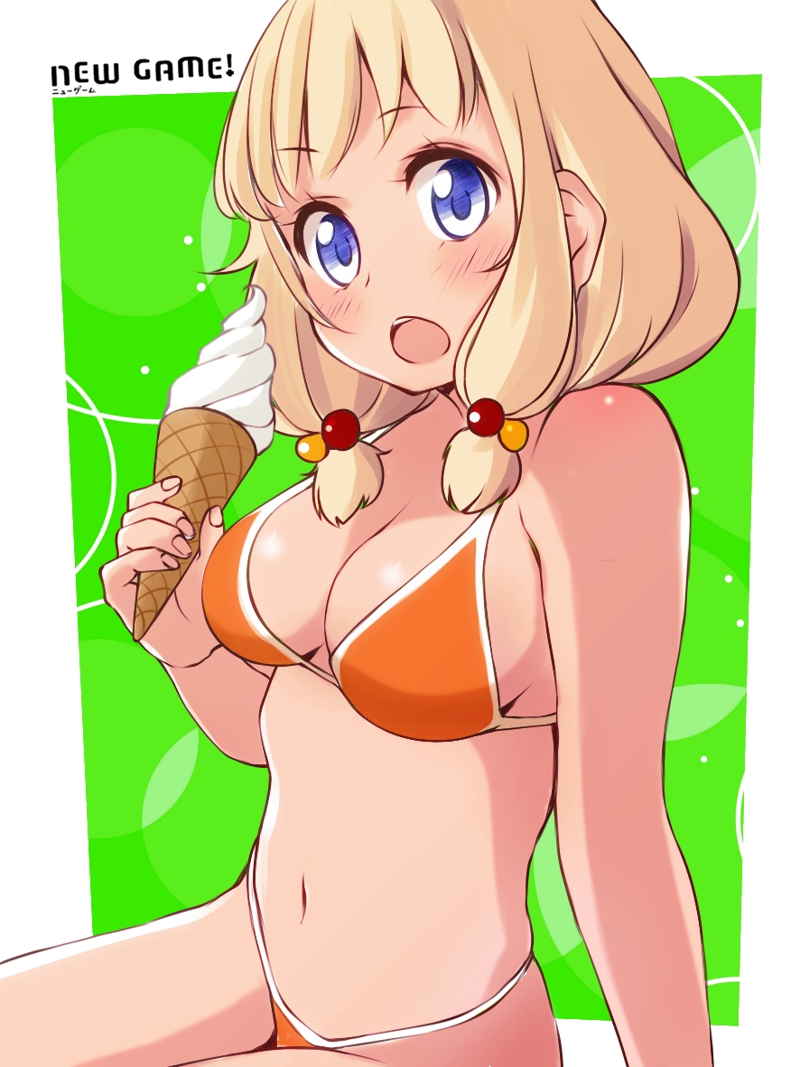 1girl bare_arms bare_legs bare_shoulders bikini blonde_hair blue_eyes breasts collarbone copyright_name feet_out_of_frame female_focus food green_background holding holding_food holding_ice_cream ice_cream legs medium_breasts new_game! open_mouth orange_bikini sakura_nene sitting solo swimsuit teeth