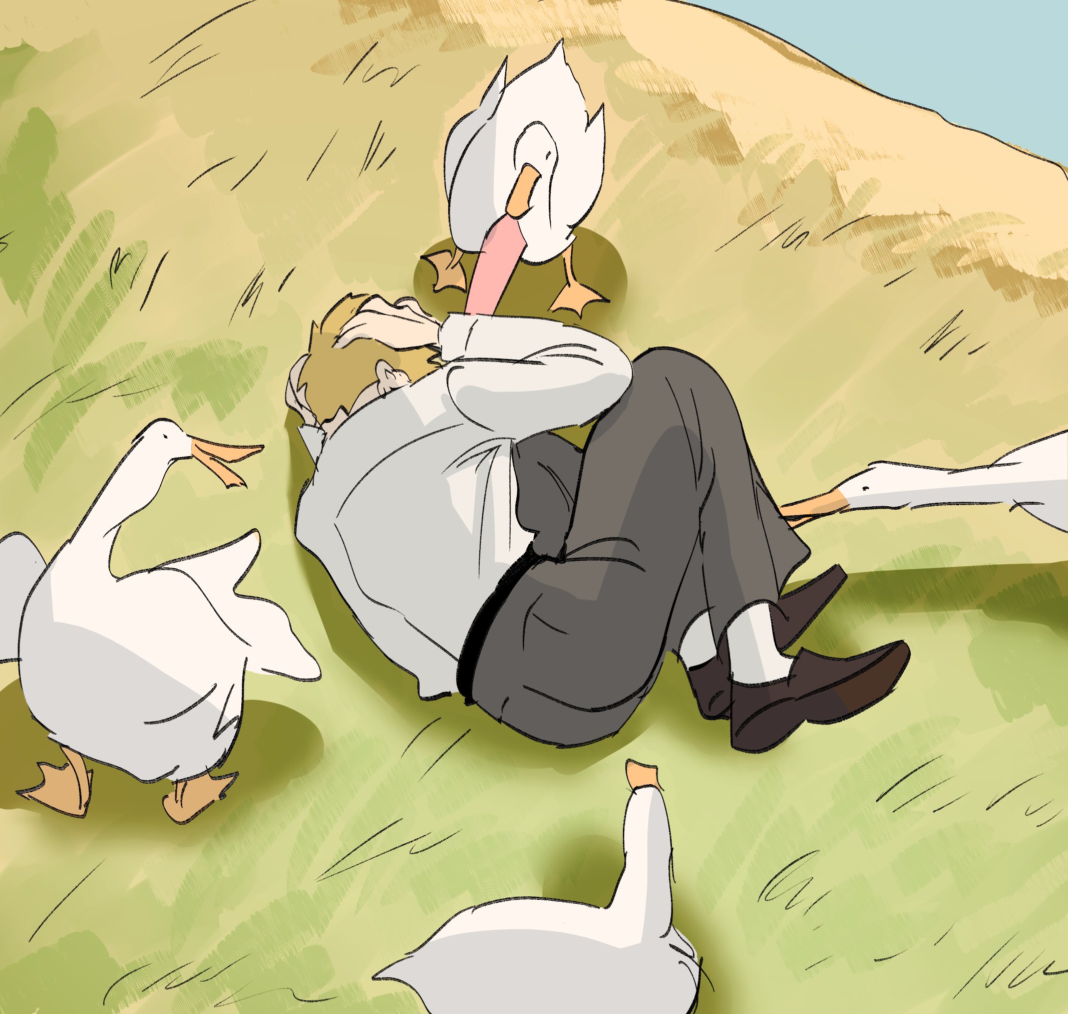 1boy animal attack bird blonde_hair brown_footwear commentary_request covering_head full_body goose grass grey_pants hands_on_own_head highres korean_commentary long_sleeves lying male_focus mob_psycho_100 necktie on_grass on_ground on_side pants pink_necktie reigen_arataka reigendream shirt shoes short_hair white_shirt