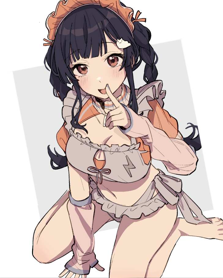 1girl arm_warmers bare_legs barefoot bikini black_hair blush braid breasts cleavage comiket_104 fingernails frilled_bikini frilled_hairband frills grey_bikini hairband idolmaster idolmaster_shiny_colors large_breasts long_hair looking_at_viewer mayuzumi_fuyuko navel sitting solo stomach swimsuit tanupon twin_braids wariza