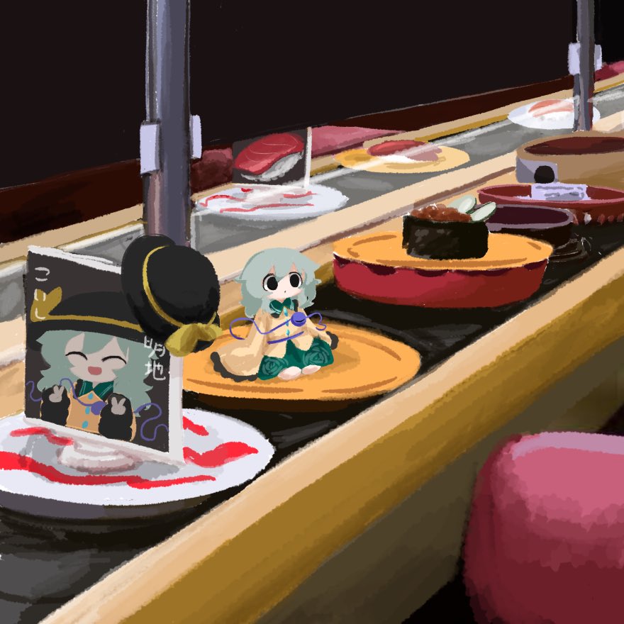 1girl aqua_hair black_eyes black_hat conveyor_belt_sushi food green_skirt hat hat_ribbon heripantomorrow indoors komeiji_koishi long_sleeves mini_person minigirl on_plate ribbon shirt sitting skirt sleeves_past_fingers sleeves_past_wrists solo sushi tareme touhou unworn_hat unworn_headwear wide_sleeves yellow_shirt