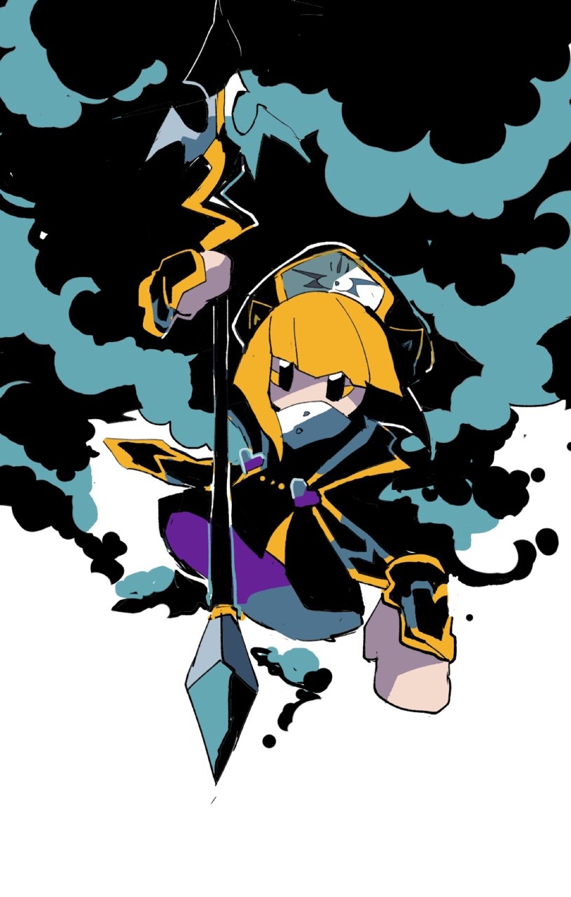 1girl blonde_hair blunt_bangs bob_cut cloud dark_clouds gauntlets hat highres kirby_star_allies kirby_(series) military_hat military_uniform nintendo polearm short_hair solo soumenhiyamugi spear weapon white_background zan_partizanne