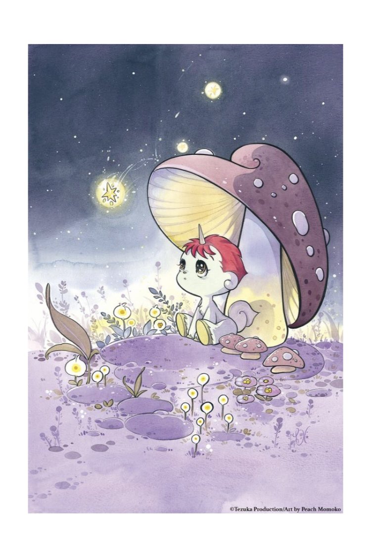 1boy border copyright_notice falling_star flower full_body giant_mushroom horns inset_border mushroom night night_sky official_art peach_momoko pink_hair purple_flower rock short_hair signature single_horn single_tear sitting sky solo teeth traditional_media unico unicorn white_border white_flower white_fur