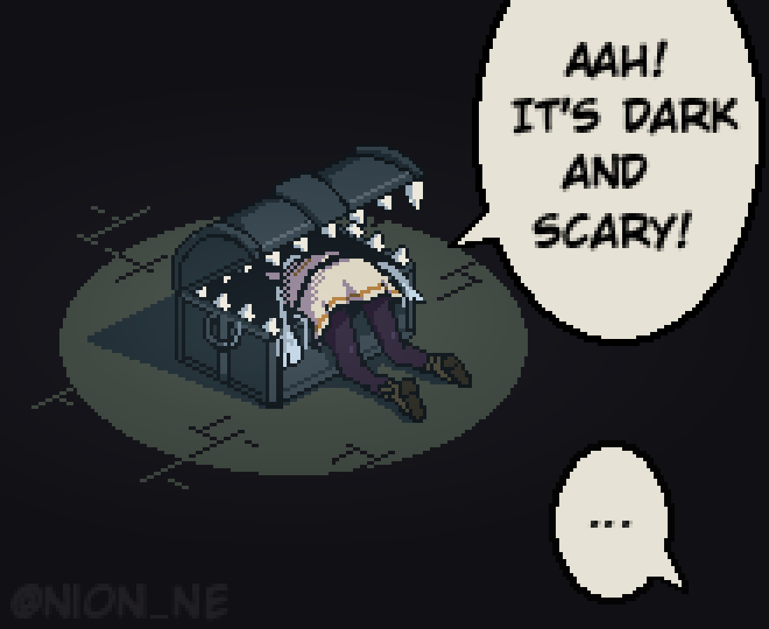 ... 1girl ankle_boots black_pantyhose blue_hair boots commentary dark dress english_commentary english_text frieren from_above in_container kneeling long_hair mimic mimic_chest nion_ne no pantyhose pixel_art sharp_teeth shoe_soles shoes solo sousou_no_frieren spoken_ellipsis stuck teeth twintails twitter_username white_dress