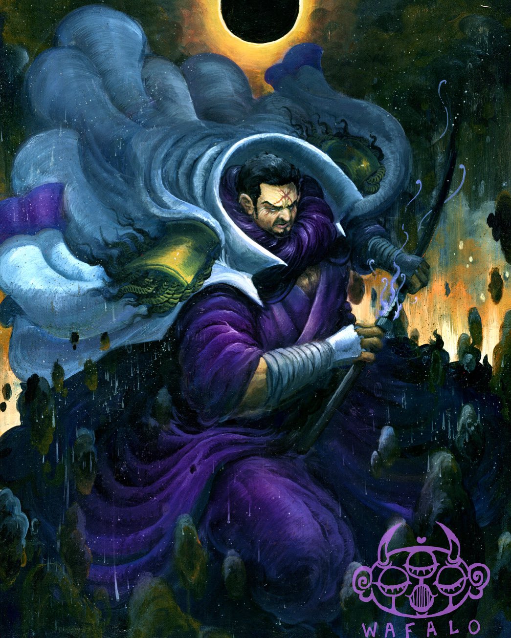 1boy acrylic_paint_(medium) artist_name beard black_hair blind coat dated devil_fruit eclipse epic facial_hair fujitora_(one_piece) highres holding holding_sword holding_weapon japanese_clothes katana manly military military_uniform one_piece painting_(medium) pectorals scar scar_on_face serious short_hair solo sword traditional_media wafalo weapon