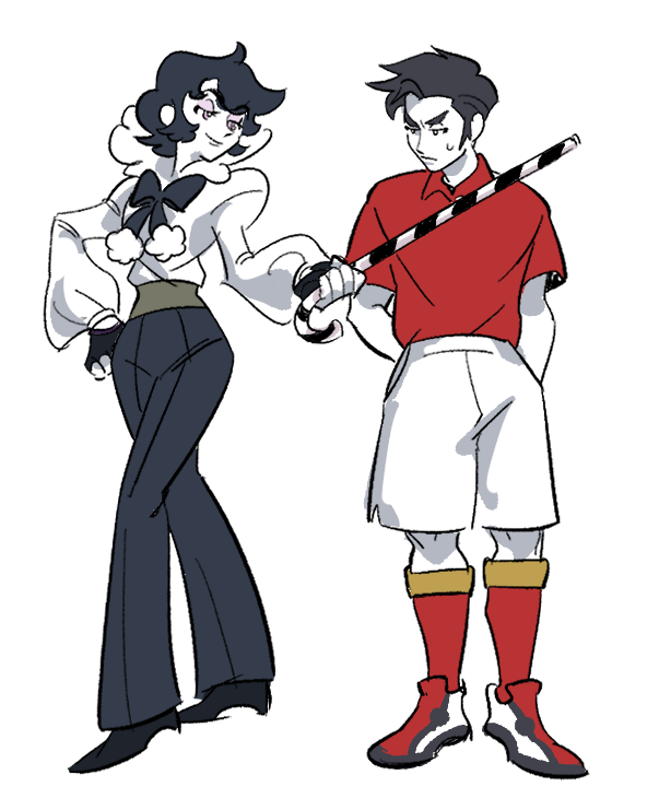 1boy 1girl aged_down arms_behind_back black_footwear black_hair black_pants bow cane gym_leader hand_on_own_hip high-waist_pants high_collar kabu_(pokemon) nintendo opal_(pokemon) pants pink_eyes pointing pokemon pokemon_swsh polo_shirt red_legwear red_shirt shirt short_hair shorts simple_background slyvk white_background white_shorts