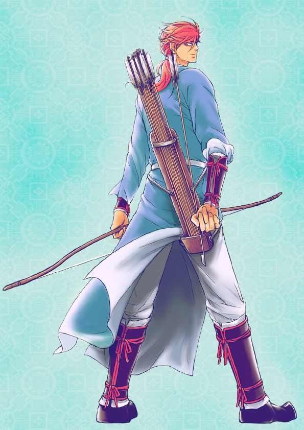 arrow bow_(weapon) holding holding_weapon male_focus nara_period original ponytail quiver red_hair solo weapon