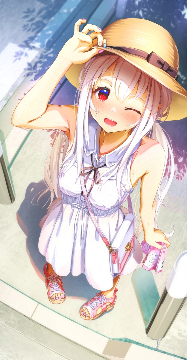 1girl aiuabo bare_arms black_bow black_ribbon blue_nails bow collared_shirt dress_shirt from_above full_body hat hat_bow highres holding looking_at_viewer looking_up nail_polish neck_ribbon one_eye_closed original pink_nails red_eyes ribbon shirt skirt sleeveless sleeveless_shirt solo straw_hat sun_hat toenail_polish toenails white_shirt white_skirt wing_collar yellow_hat