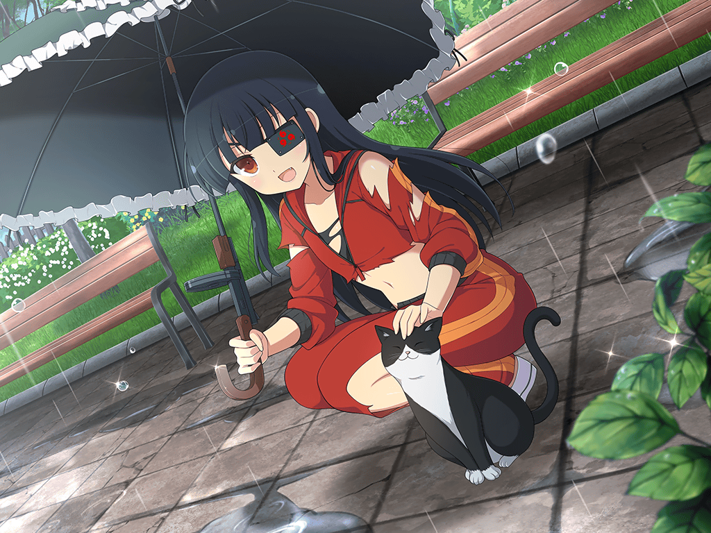 animal bench black_cat black_hair black_umbrella cat eyepatch fang flat_chest long_hair mirai_(senran_kagura) non-web_source official_art open_mouth outdoors park petting puddle rain red_eyes red_track_suit senran_kagura senran_kagura_new_link smile squatting tomoe_(symbol) torn_clothes track_suit umbrella umbrella_gun yaegashi_nan