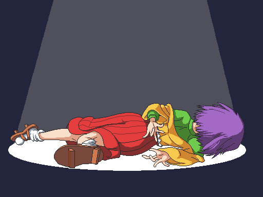 1girl aksawshin brown_footwear commentary english_commentary family_guy_death_pose_(meme) full_body geta green_shirt grey_background hieda_no_akyuu jacket long_sleeves meme pixel_art purple_eyes red_skirt shirt short_hair skirt socks solo spotlight touhou white_socks yellow_jacket
