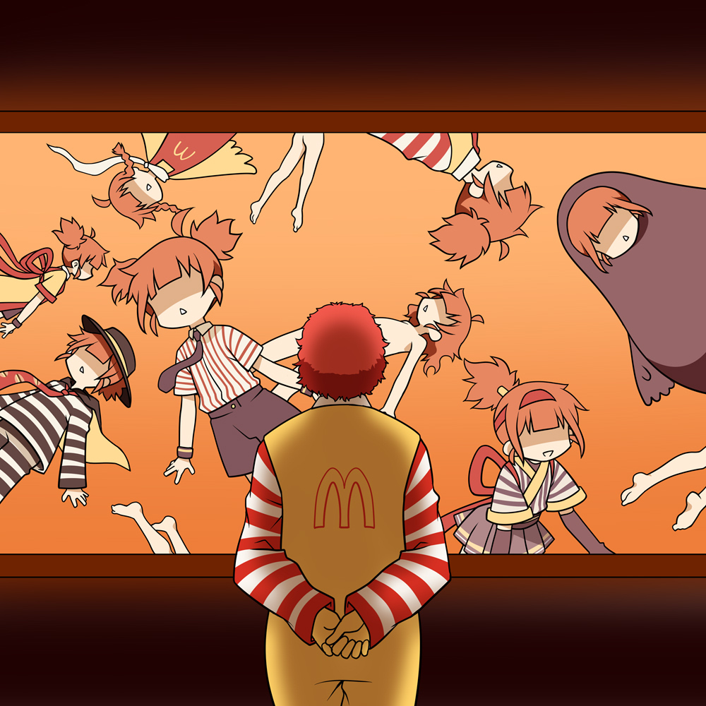 1boy 6+girls akou_roushi apron arms_behind_back braid collared_shirt convenient_censoring cosplay faceless faceless_female flat_chest grimace_(mcdonald&#039;s) hamburglar hamburglar_(cosplay) hat headband imadake_dabuchi_tabemi jumpsuit kigurumi mcdonald&#039;s multiple_girls multiple_persona necktie nude orange_hair pinstripe_pattern pinstripe_shirt red_apron red_hair red_headband ronald_mcdonald shirt short_twintails shorts skirt striped_clothes striped_shirt striped_sleeves submerged twin_braids twintails yellow_jumpsuit