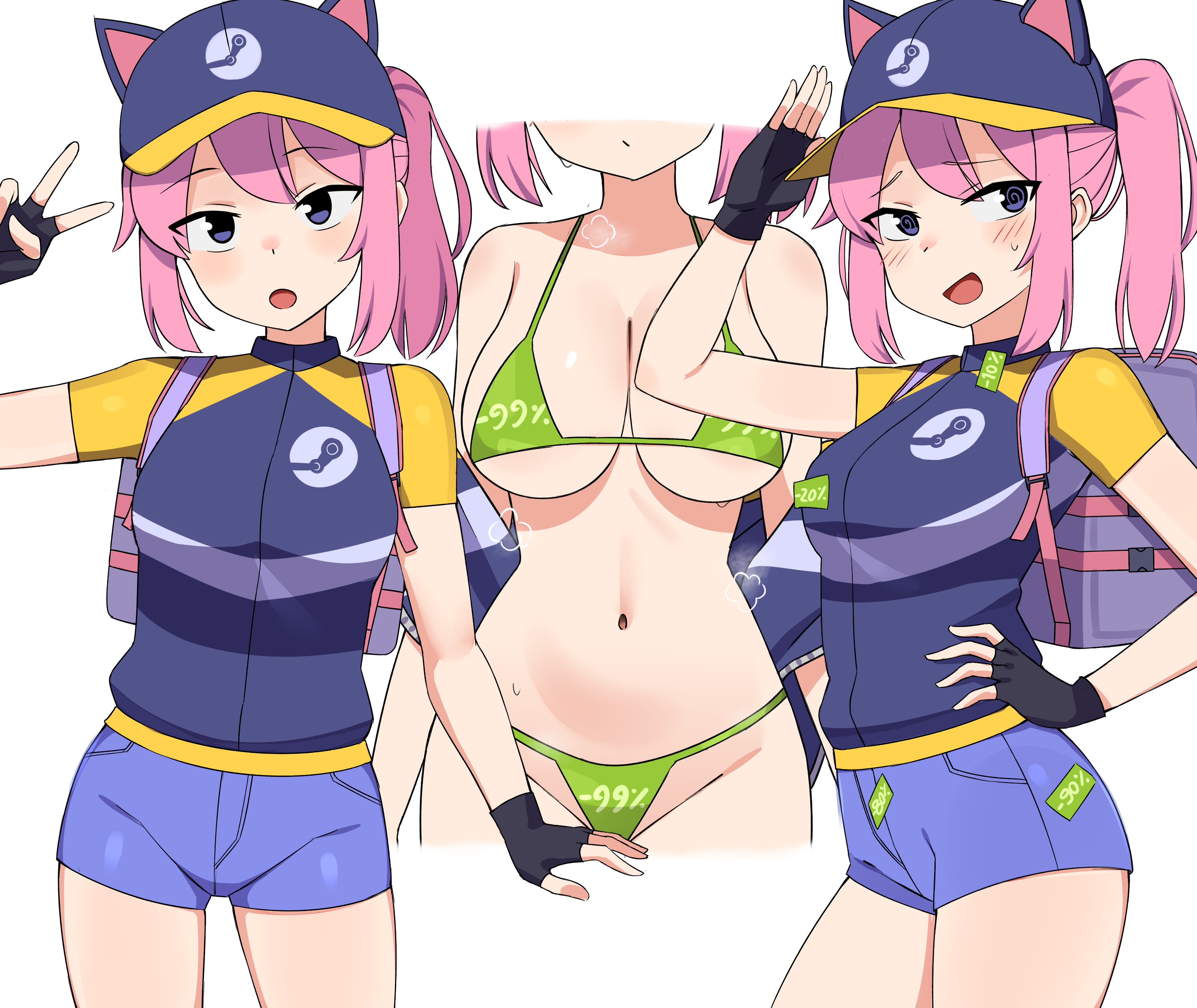1girl :d :o @_@ absurdres animal_ear_headwear animal_hat backpack bag bare_shoulders baseball_cap bikini black_eyes black_gloves blue_shorts blush breasts cat_hat cleavage fake_animal_ears fingerless_gloves gloves green_bikini hand_on_own_hip hand_up hat highres large_breasts looking_at_viewer medium_hair multiple_views navel open_mouth peps_art pink_hair short_shorts short_sleeves shorts side_ponytail simple_background smile steam_(platform) steam_delivery_girl steaming_body stomach string_bikini swimsuit v white_background