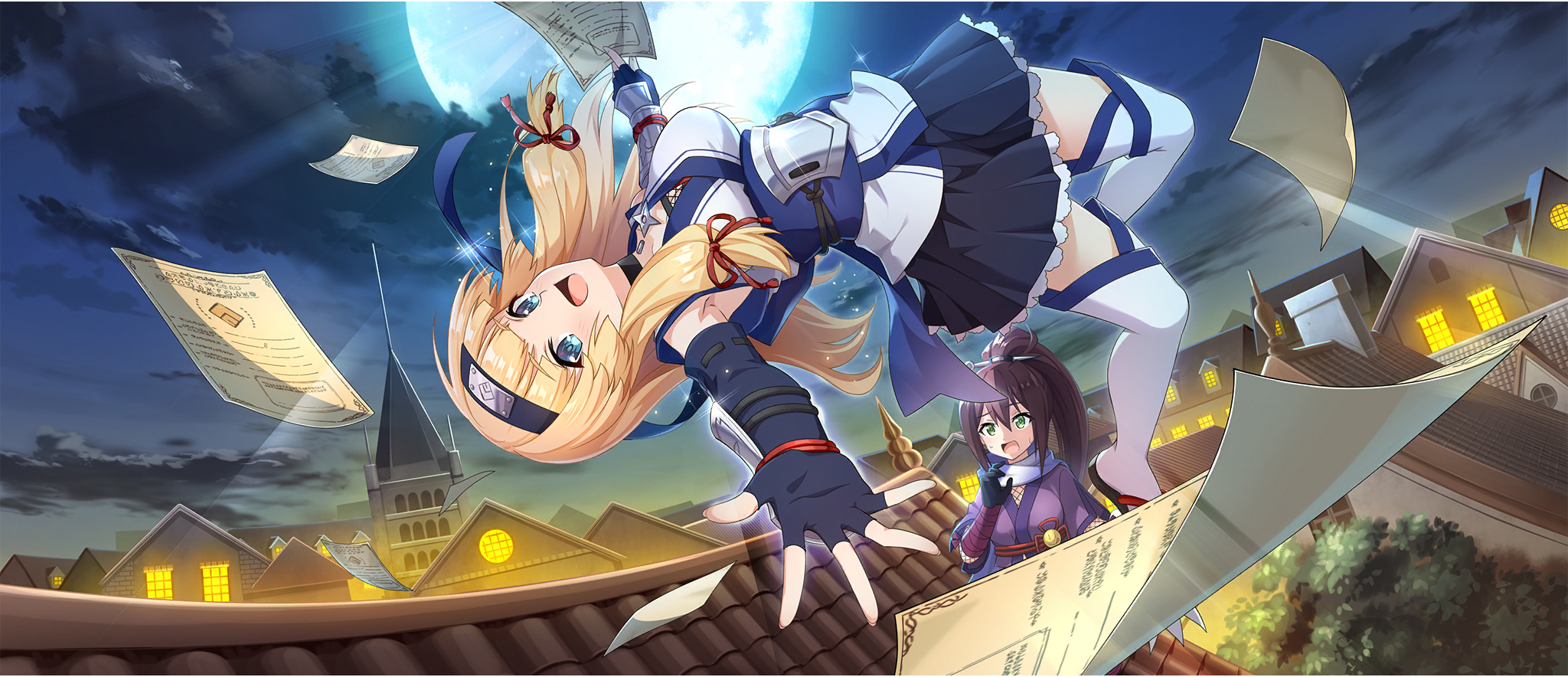 2girls :d armor armpit_crease black_choker black_gloves blonde_hair blue_eyes blue_gloves blue_headband blue_sash blue_skirt blunt_bangs breasts brochure brown_hair building cecily_(konosuba) choker cleavage cloud cloudy_sky fingerless_gloves fishnet_top fishnets floating_hair forehead_protector full_moon game_cg gloves green_eyes hair_between_eyes hair_ribbon headband high_ponytail highres holding holding_paper japanese_armor japanese_clothes kimono kono_subarashii_sekai_ni_shukufuku_wo! konosuba!_fantastic_days kote kunai large_breasts lean_(konosuba) long_hair looking_at_another looking_at_viewer low-tied_sidelocks midair miniskirt moon multiple_girls night night_sky ninja obi official_alternate_costume official_art on_roof open_mouth outdoors outstretched_arm paper ponytail purple_kimono purple_scarf red_ribbon ribbon sandals sash scarf short_kimono shuriken sidelocks skirt sky sleeveless sleeveless_kimono smile socks sweatdrop tabi thighhighs throwing tile_roof upside-down weapon white_kimono white_socks worried zettai_ryouiki zouri