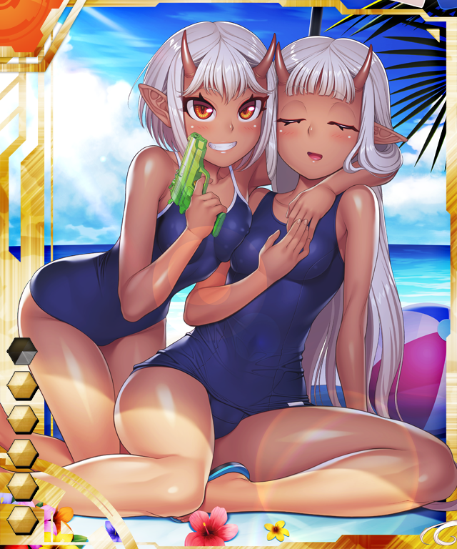 2girls bare_legs bare_shoulders beach blush breast_press breasts brown_eyes card_(medium) card_(orange-ur) card_(ur) closed_eyes covered_erect_nipples curvy dark-skinned_female dark_skin day demon_girl fangs female_focus flower happy horns hug lilith-soft long_hair looking_at_viewer looking_back multiple_girls nipples one-piece_swimsuit oni_horns open_mouth pointy_ears shiny_skin short_hair siblings sisters sitting sky small_breasts sophie_(taimanin_asagi) sunlight swimsuit taimanin_(series) taimanin_asagi taimanin_asagi_battle_arena_all_card_gallery taimanin_asagi_kessen_arena take_your_pick twins very_long_hair water white_hair yuphie_(taimanin_asagi) zol