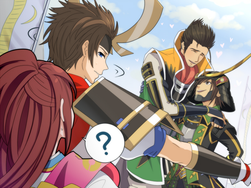 ? arm_up armor arms_around_another&#039;s_neck ascot banner blue_eyes blush brown_eyes brown_hair closed_eyes coat date_masamune date_masamune_(sengoku_musou) facial_hair flag hair_over_one_eye headdress heart helmet hero_(pokemon_conquest) japanese_clothes kajiwara_io kimono long_hair looking_back looking_down looking_up nintendo oichi oichi_(pokemon_conquest) oichi_(sengoku_musou) pokemon pokemon_conquest red_hair red_scarf saika_magoichi scarf sengoku_musou smile spiked_hair spoken_question_mark stubble yaoi
