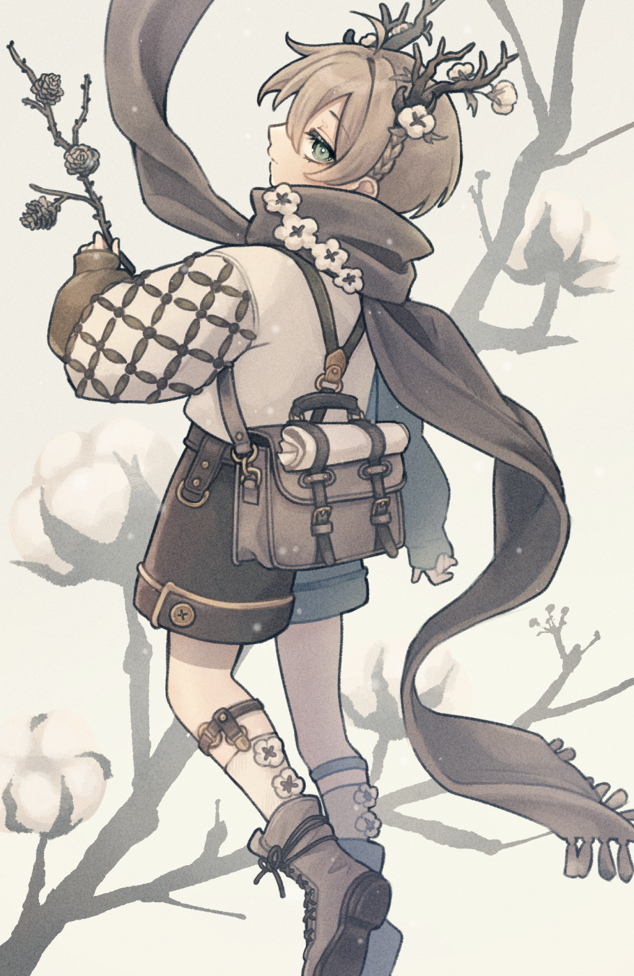1boy asymmetrical_legwear bag branch brown_hair brown_scarf brown_shoes brown_shorts child closed_mouth cotton_(plant) expressionless eyelashes flower full_body green_eyes highres holding holding_branch horns long_sleeves looking_at_viewer male_focus mismatched_legwear original profile scarf shirt shoes short_hair shorts solo taruchi_sucre white_flower