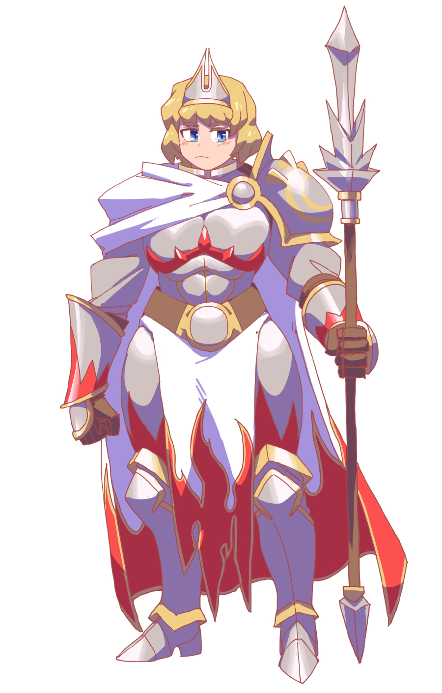1girl alice_margatroid armor belt blonde_hair blue_eyes blush boros_legion breastplate brown_belt cape closed_mouth commentary_request cookie_(touhou) flame_print frown full_body gauntlets highres holding holding_polearm holding_weapon looking_at_viewer magic:_the_gathering pauldrons pelvic_curtain polearm print_cape sakuranbou_(cookie) short_hair shoulder_armor simple_background solo spear touhou ukiwagirl weapon white_background white_cape