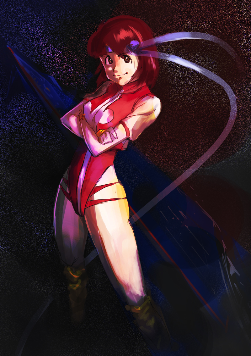 1girl brown_eyes brown_hair crossed_arms female_focus gunbuster_pose headband leotard red_leotard short_hair simonori smile solo takaya_noriko top_wo_nerae! top_wo_nerae!_(series)