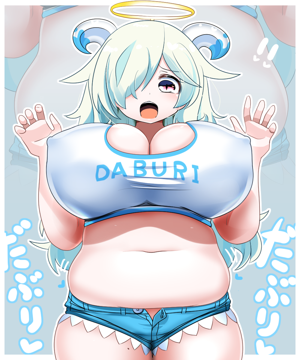 1girl belly blue_hair blue_shorts blush breasts claw_pose cleavage commentary_request covered_erect_nipples cowboy_shot doubliel fake_halo green_hair grey_background hair_between_eyes hair_over_one_eye halo highres horns huge_breasts lets0020 long_bangs long_hair looking_at_viewer mahjong_fight_girl micro_shorts mole mole_on_thigh multicolored_hair navel open_fly open_mouth plump shirt shorts solo streaked_hair white_horns white_shirt yellow_halo