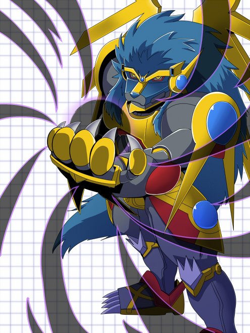 apollomon apollomon_whispered black_sclera blue_hair colored_sclera corruption digimon lion solo yellow_eyes