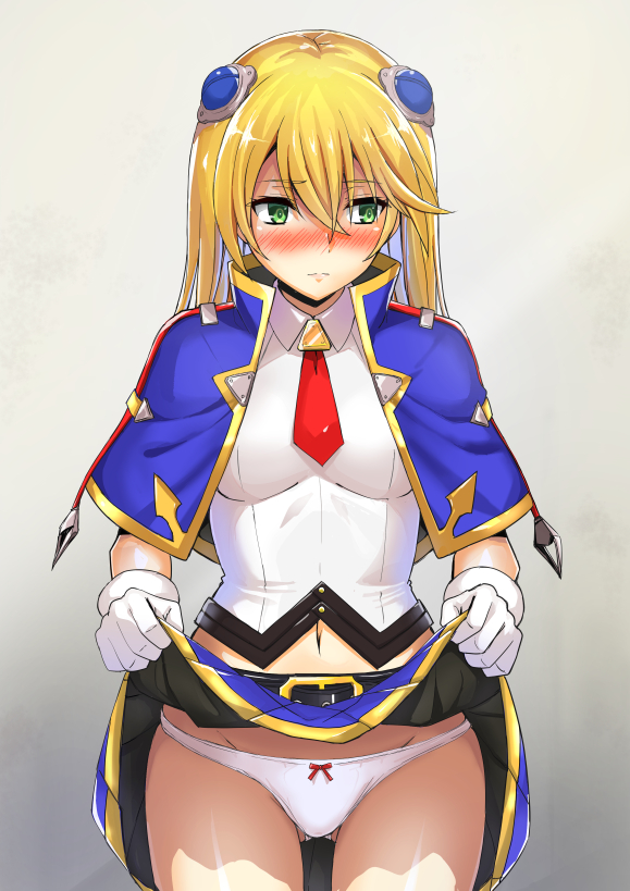 1girl belt blazblue blonde_hair blue_capelet blue_skirt blush breasts capelet clothes_lift collared_shirt cowboy_shot cropped_shirt embarrassed gloves gluteal_fold gold_trim gradient_background green_eyes hair_ornament lifting_own_clothes long_hair medium_breasts navel necktie noel_vermillion panties pleated_skirt red_necktie red_ribbon ribbon sayoi shirt shoulder_ribbon simple_background skirt skirt_lift sleeveless sleeveless_shirt solo underwear white_gloves white_panties white_shirt
