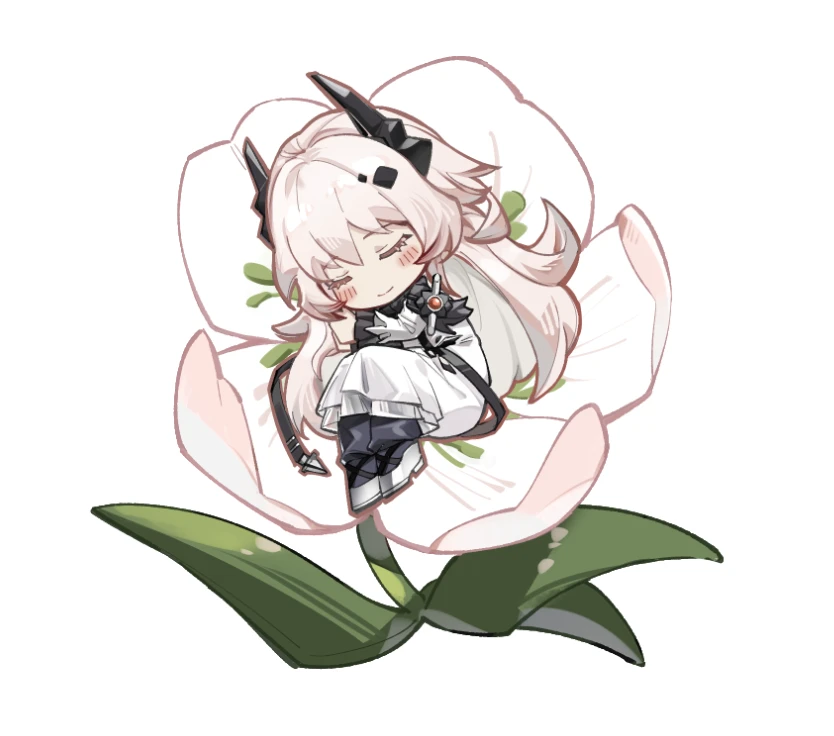 1girl arknights bilibili chibi flower horns lying simple_background sleeping solo ta_ta_penny theresa_(arknights) white_background