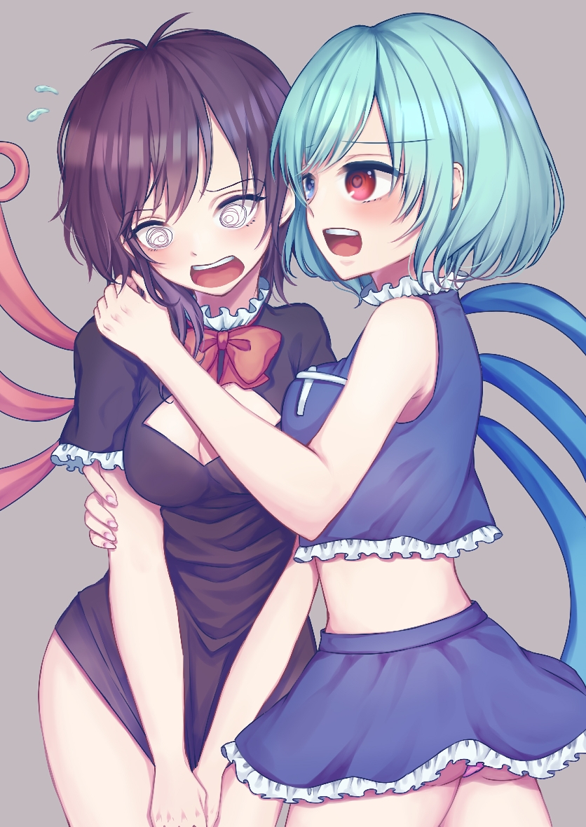 2girls @_@ ass black_hair blue_eyes blue_hair blush breasts cleavage cleavage_cutout clothing_cutout embarrassed heart heart-shaped_pupils heterochromia houjuu_nue hug medium_breasts multiple_girls open_mouth panties pink_panties red_eyes rnkgmn simple_background skirt smile symbol-shaped_pupils tatara_kogasa touhou underwear white_background yuri