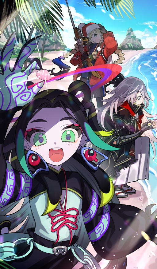 1girl 2boys :d androgynous beach black_cloak black_gloves black_hair black_pants black_pantyhose black_shirt blue_hair blue_sky blunt_bangs blush braid brown_hair brown_shorts buttons captain_nemo_(fate) captain_nemo_(santa)_(fate) chinese_knot cloak clothing_cutout cloud collared_shirt commentary_request curtained_hair day diffraction_spikes earrings eyeliner fate/grand_order fate_(series) feather_hair_ornament feathers fingerless_gloves fur-trimmed_headwear fur_trim glint gloves gradient_hair green_eyes green_hair grey_hair gun hair_ornament hair_rings hakama halo hat holding holding_gun holding_seashell holding_weapon jacket japanese_clothes jewelry kuyuu_(somari) long_hair long_sleeves looking_at_viewer looking_down makeup male_focus multicolored_hair multiple_boys nemo_(fate) ocean official_art open_clothes open_jacket open_mouth outdoors palm_tree pants pantyhose polo_shirt pom_pom_(clothes) red_eyeliner red_hat red_jacket rifle round_teeth saika_magoichi_(fate) sand sandals seashell shading_face shell shirt shorts sidelocks sky smile socks squatting standing sunlight tabi taisui_xingjun_(fate) teeth third-party_source tongue tree twin_braids upper_teeth_only ushanka very_long_hair weapon white_hakama white_socks wing_collar