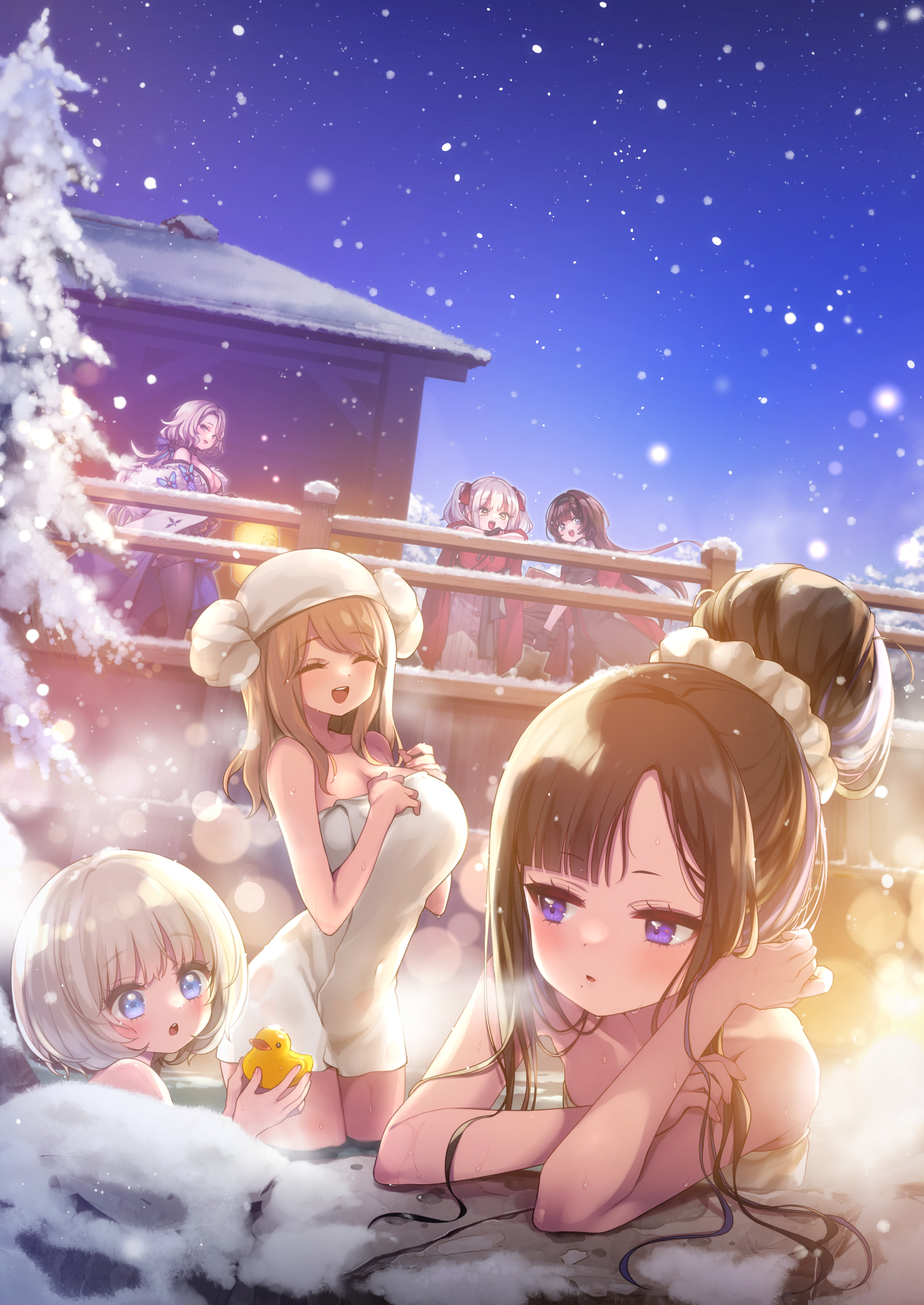 6+girls absolute_(nikke) architecture belorta_(nikke) black_hair blonde_hair breasts carronades_(nikke) east_asian_architecture emma_(nikke) eunhwa_(nikke) fummy goddess_of_victory:_nikke grey_hair highres large_breasts ludmilla_(nikke) ludmilla_(winter_owner)_(nikke) mica_(nikke) mica_(snow_buddy)_(nikke) multiple_girls naked_towel onsen outdoors railing rubber_duck same-sex_bathing shared_bathing snow snowing towel towel_hat vesti_(nikke)