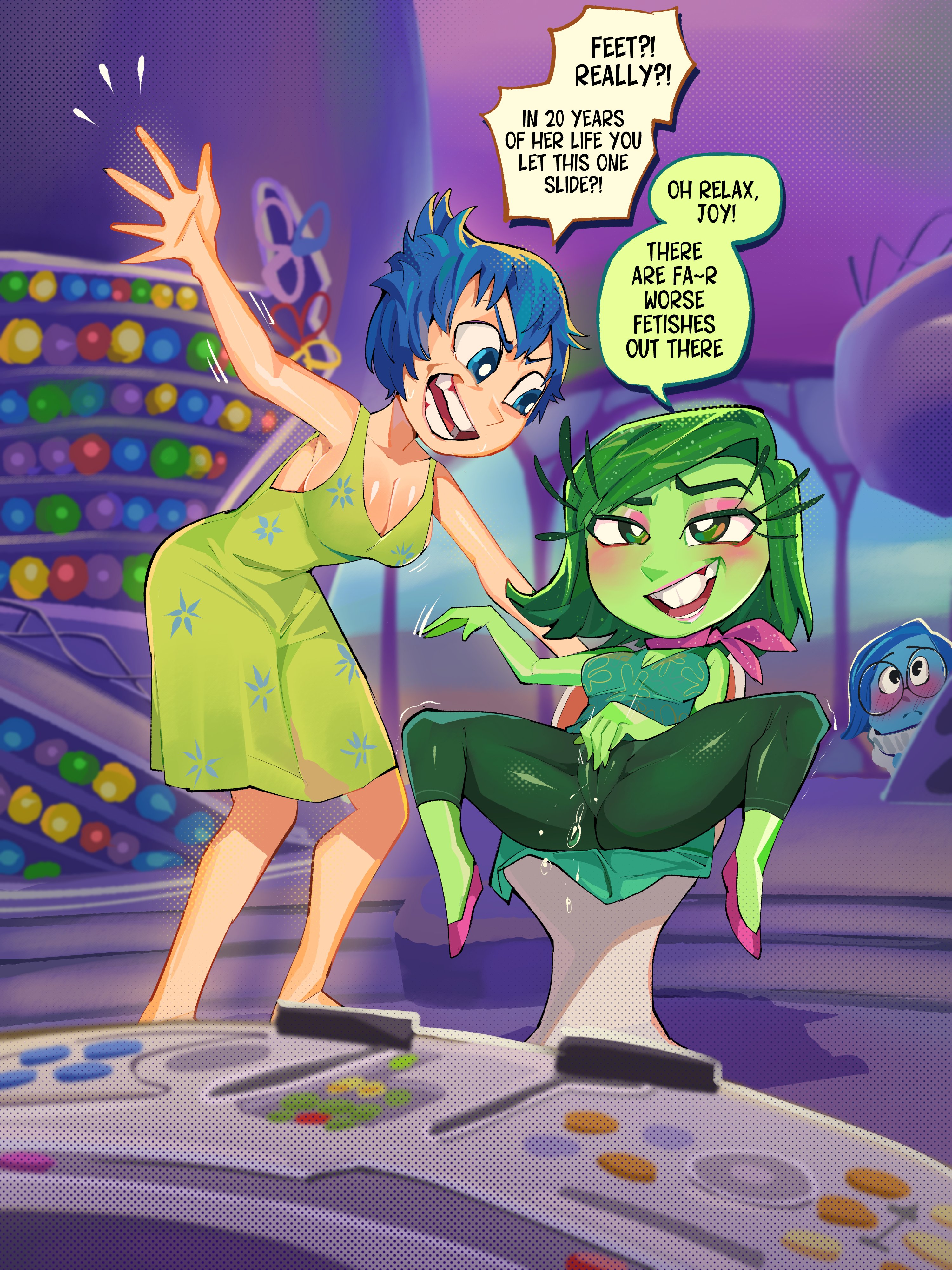 diforland, disgust (inside out), joy (inside out), sadness (inside out), inside  out, absurdres, highres, 3girls, blue eyes, blue hair, blue skin, blush,  breasts, bright pupils, cameltoe, cleavage, clothed masturbation, colored  skin, dress,
