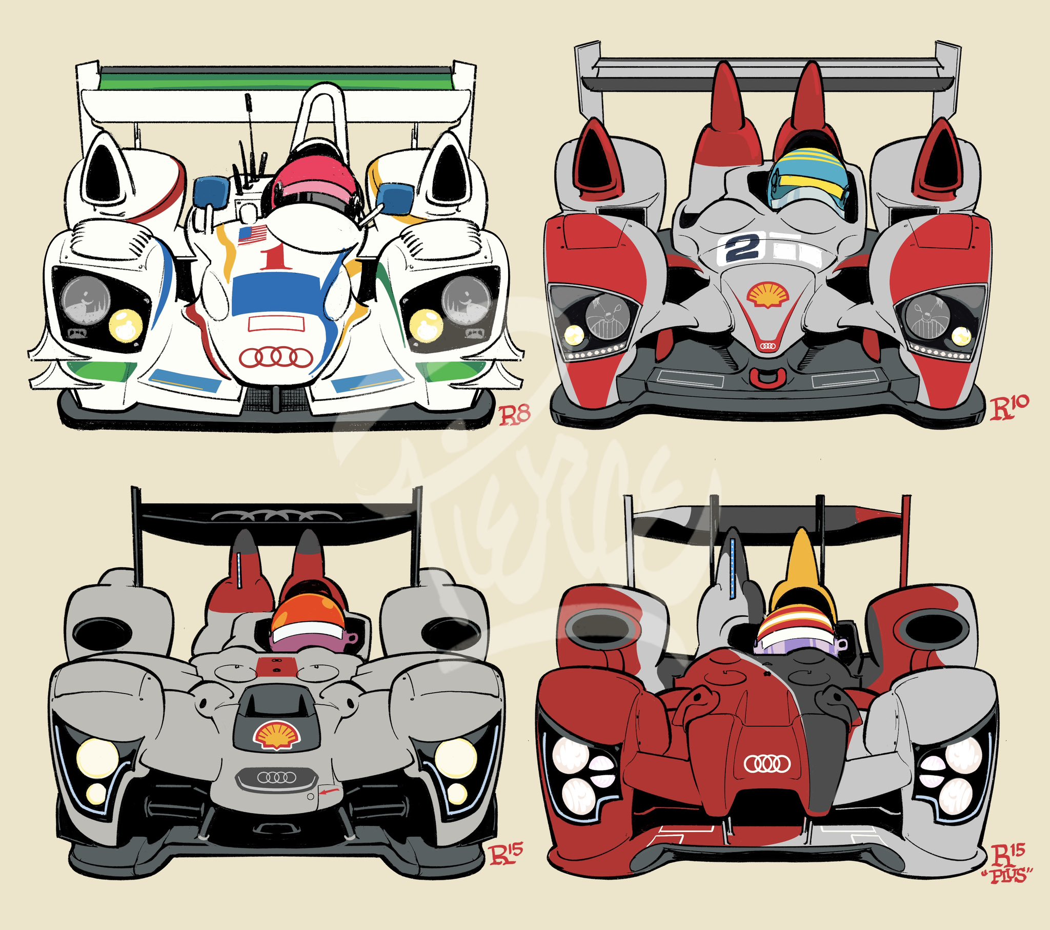 4boys american_flag american_le_mans_series audi audi_r10_tdi audi_r15_tdi audi_r8_(lmp) car character_request commentary english_commentary grey_car helmet highres le_mans_prototype motor_vehicle multiple_boys race_vehicle racecar shell_(company) spoiler_(automobile) vehicle_focus white_car will_pierce yellow_background