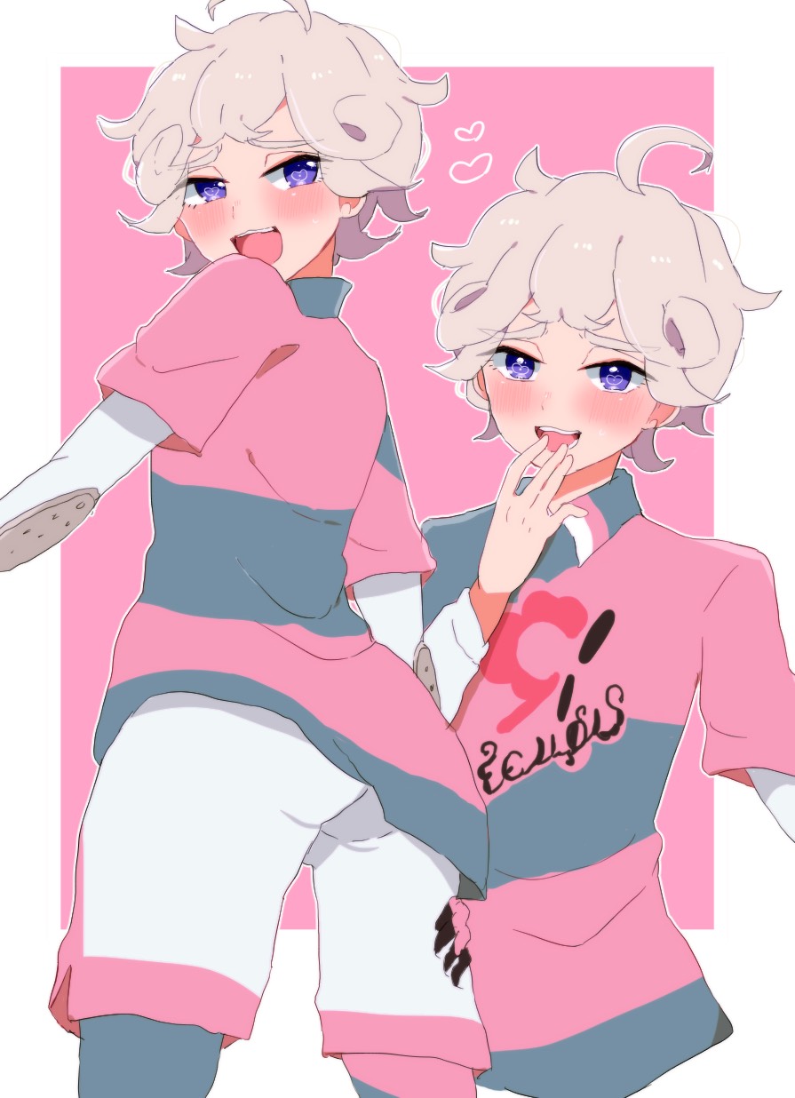 1boy ahoge bede_(pokemon) blonde_hair blush from_behind game_freak heart heart-shaped_pupils highres ioringoxx male_focus messy_hair nintendo pokemon pokemon_swsh purple_eyes shorts smile solo symbol-shaped_pupils