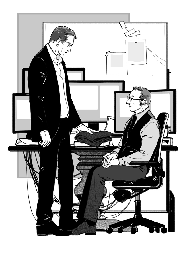 2boys chair chive desk eye_contact formal_clothes full_body glasses greyscale hair_slicked_back harold_finch_(person_of_interest) john_reese_(person_of_interest) looking_at_another male_focus mature_male monochrome multiple_boys on_chair own_hands_clasped own_hands_together person_of_interest profile rectangular_eyewear short_hair sideburns sitting smile suit
