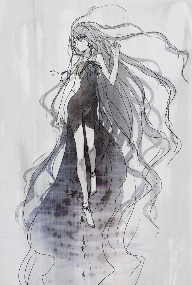 1girl barbed_wire bare_legs bare_shoulders barefoot black_dress dress facing_viewer grey_background grey_eyes grey_hair gripping_clothes hand_up looking_to_the_side midair moribuden original wind