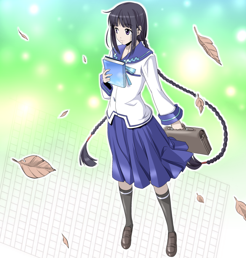 1girl amano_tooko black_hair black_socks blouse book braid briefcase brown_shoes bungaku_shoujo falling_leaves female_focus full_body green_background kneehighs kumada_kazushi leaf legs_apart long_hair outline school_briefcase school_uniform serafuku shirt shoes socks solo twin_braids very_long_hair white_outline white_shirt