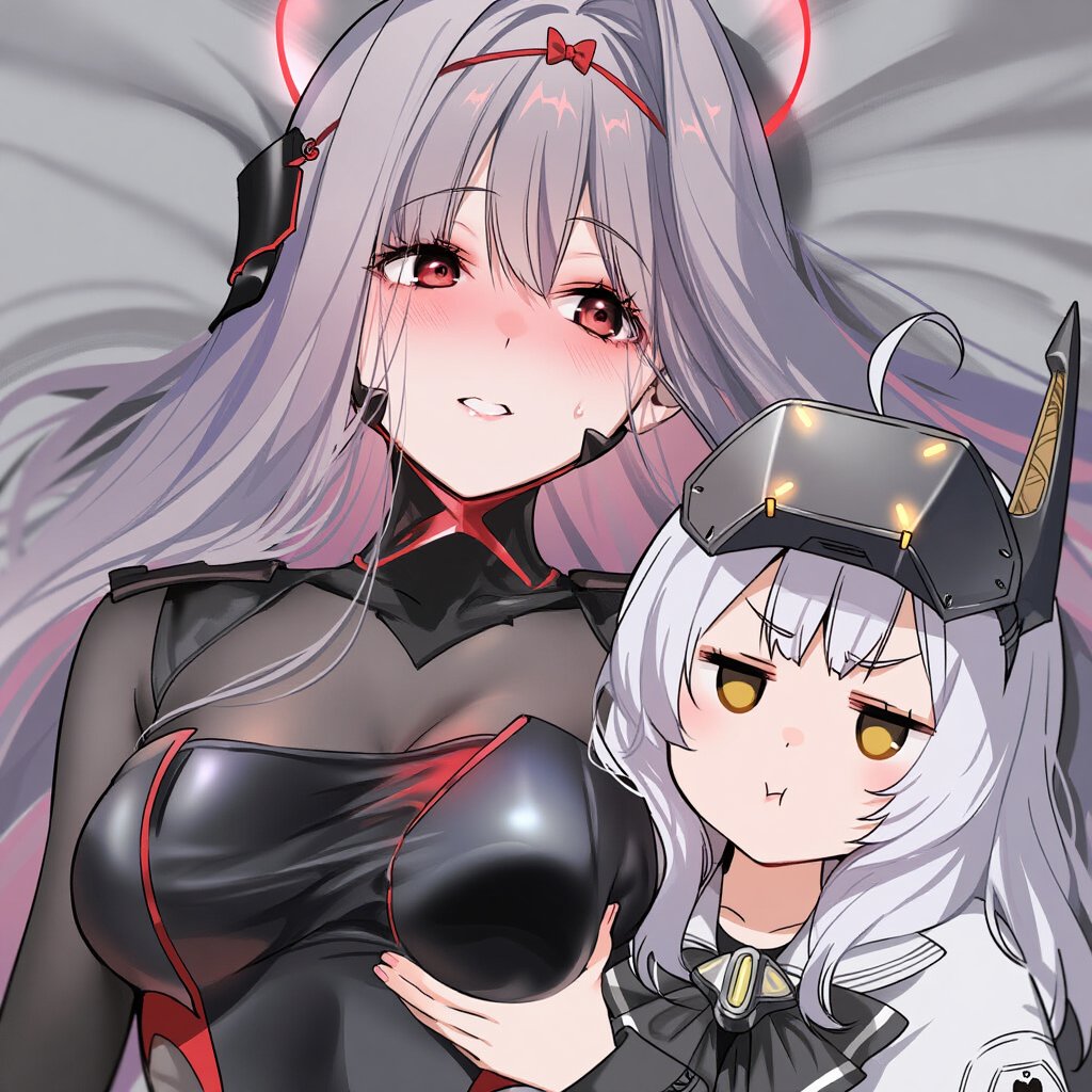 2girls blush bodysuit breasts closed_mouth goddess_of_victory:_nikke grabbing_another&#039;s_breast grey_bodysuit grey_hair groping horns looking_at_another mechanical_horns multiple_girls open_mouth pout red_blindfold red_eyes rose_(nikke) shiny_eyes snow_white_(innocent_days)_(nikke) snow_white_(nikke) teeth visor_(armor) visor_lift white_hair yellow_eyes