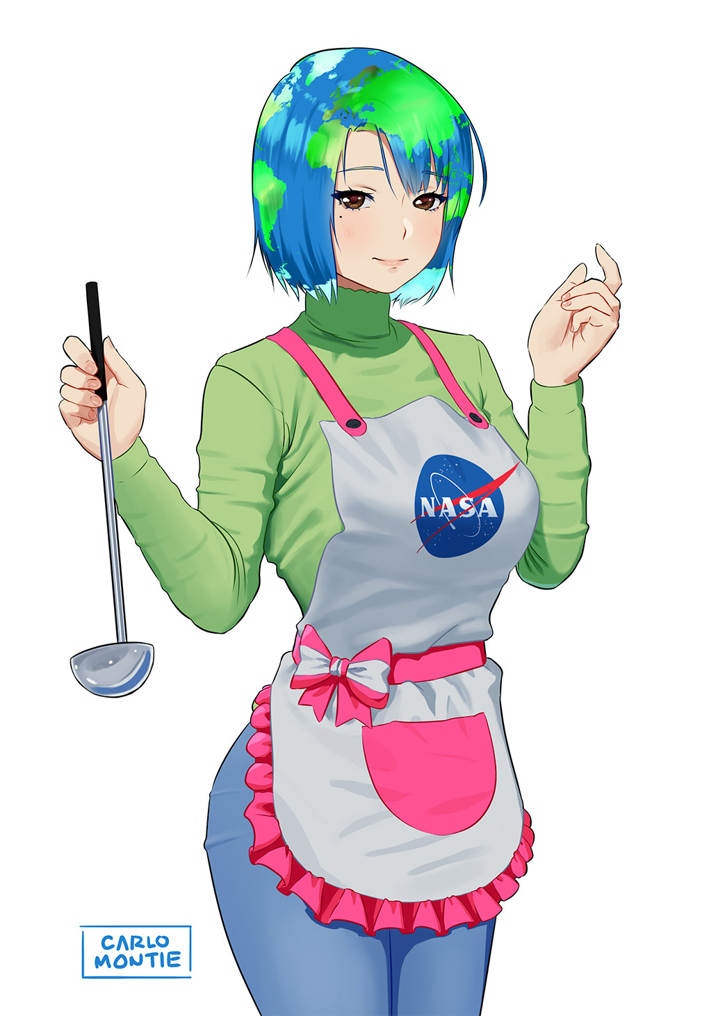 1girl aged_up apron arms_up artist_name blue_hair blue_pants bow brown_eyes carlo_montie closed_mouth denim earth-chan female_focus frilled_apron frills green_hair green_shirt highres holding jeans ladle legs_together long_sleeves looking_at_viewer mole mole_under_eye multicolored_hair nasa original pants parted_bangs personification pink_bow shirt short_hair simple_background smile solo standing striped_bow turtleneck two-tone_bow two-tone_hair waist_apron white_apron white_background white_bow