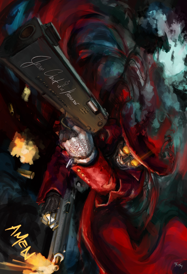 .454_casull 1boy alucard_(hellsing) black_hair casing_ejection casull_(hellsing) evil_smile firing gloves gun handgun handgun_cartridge hat hellsing jackal_(hellsing) jeff_zhang magnum_cartridge male_focus muzzle_flash pistol pistol_cartridge shell_casing smile solo sunglasses weapon
