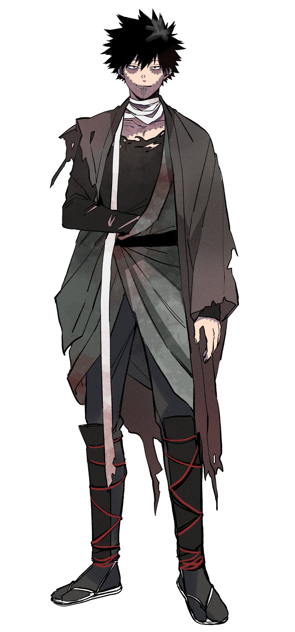 1boy alternate_costume bandages black_eyes black_hair black_pants black_shirt boku_no_hero_academia brown_robe burn_scar cheek_piercing dabi_(boku_no_hero_academia) face_piercing full_body highres looking_at_viewer male_focus multiple_piercings multiple_scars nishino_(fetv8484) nose_piercing pants piercing robe scar scar_on_face shirt short_hair simple_background solo spiked_hair standing staple stapled white_background