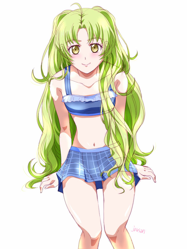 1girl ahoge ao_no_kiseki artist_name bikini bikini_skirt breasts brown_eyes curtained_hair eiyuu_densetsu green_hair kea_(eiyuu_densetsu) long_hair looking_at_viewer navel parted_bangs plaid_clothes plaid_skirt simple_background sitting skirt small_breasts smile solo swimsuit twintails white_background xiacheng_tatsuya zero_no_kiseki