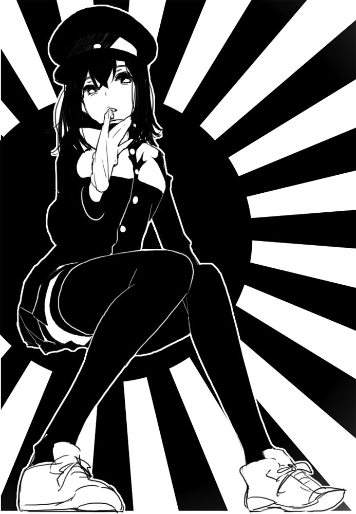 1girl akitsu_maru_(kancolle) breasts glove_in_mouth glove_pull gloves greyscale hair_between_eyes hat jacket kantai_collection kashi-k long_hair long_sleeves medium_hair military_uniform monochrome mouth_hold peaked_cap pleated_skirt rising_sun_flag shoes sitting skirt solo sunburst thighhighs