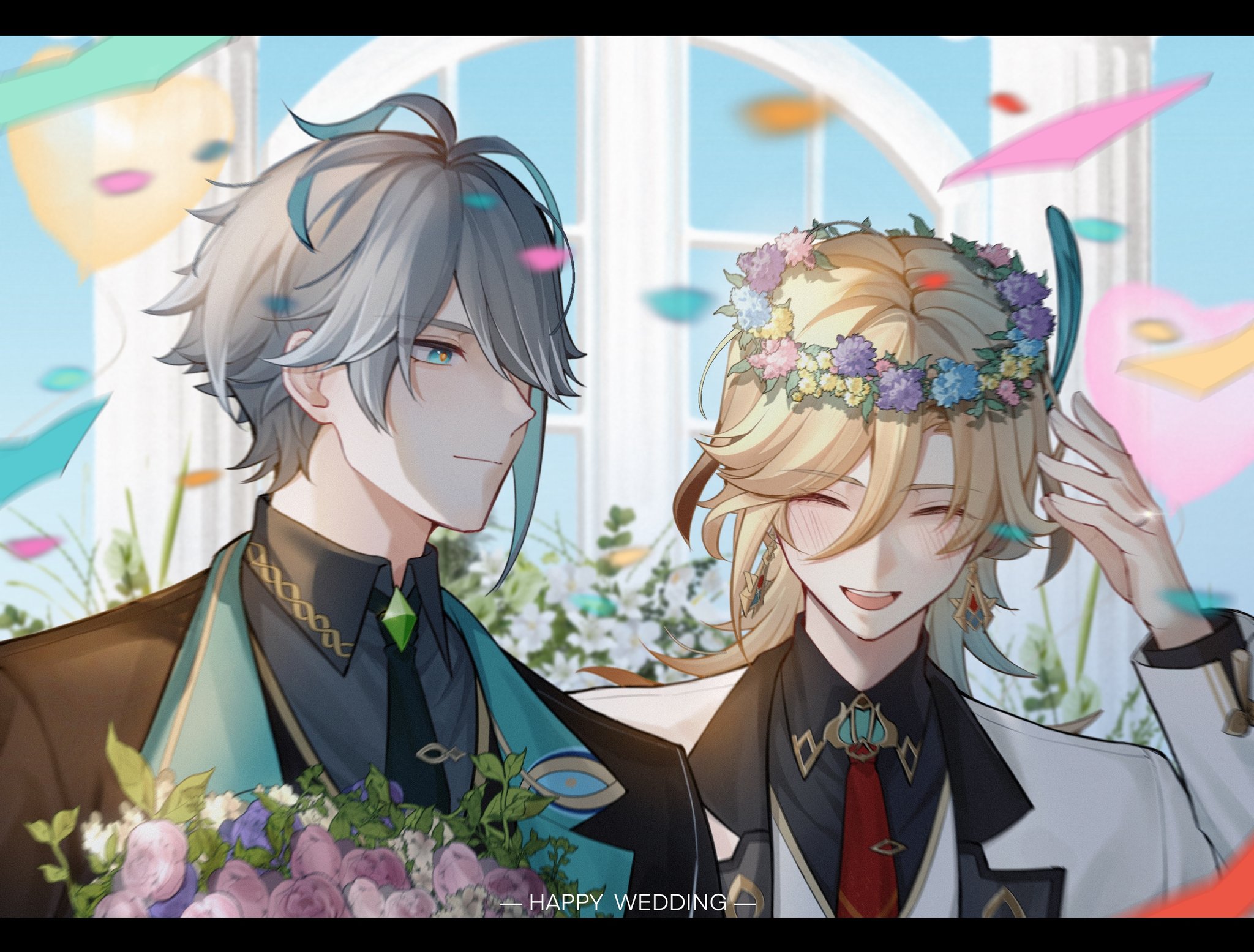 2boys 3thfloor1 :d ^_^ alhaitham_(genshin_impact) antenna_hair balloon black_jacket black_necktie black_shirt black_vest blonde_hair blue_flower blue_sky blush bouquet closed_eyes closed_mouth collared_shirt commentary_request confetti day earrings english_text feather_hair_ornament feathers flower flower_wreath gem genshin_impact gold_earrings green_eyes green_gemstone green_hair grey_hair grey_shirt groom hair_ornament hair_over_one_eye happy head_wreath heart_balloon highres holding holding_bouquet husband_and_husband jacket jewelry kaveh_(genshin_impact) lapels letterboxed long_hair male_focus multicolored_hair multiple_boys necktie one_eye_covered open_clothes open_jacket open_mouth parted_bangs pink_flower pink_rose purple_flower purple_rose red_necktie rose shirt short_hair sky smile swept_bangs teeth tie_clip upper_teeth_only vest wedding white_jacket white_vest wing_collar yaoi yellow_flower
